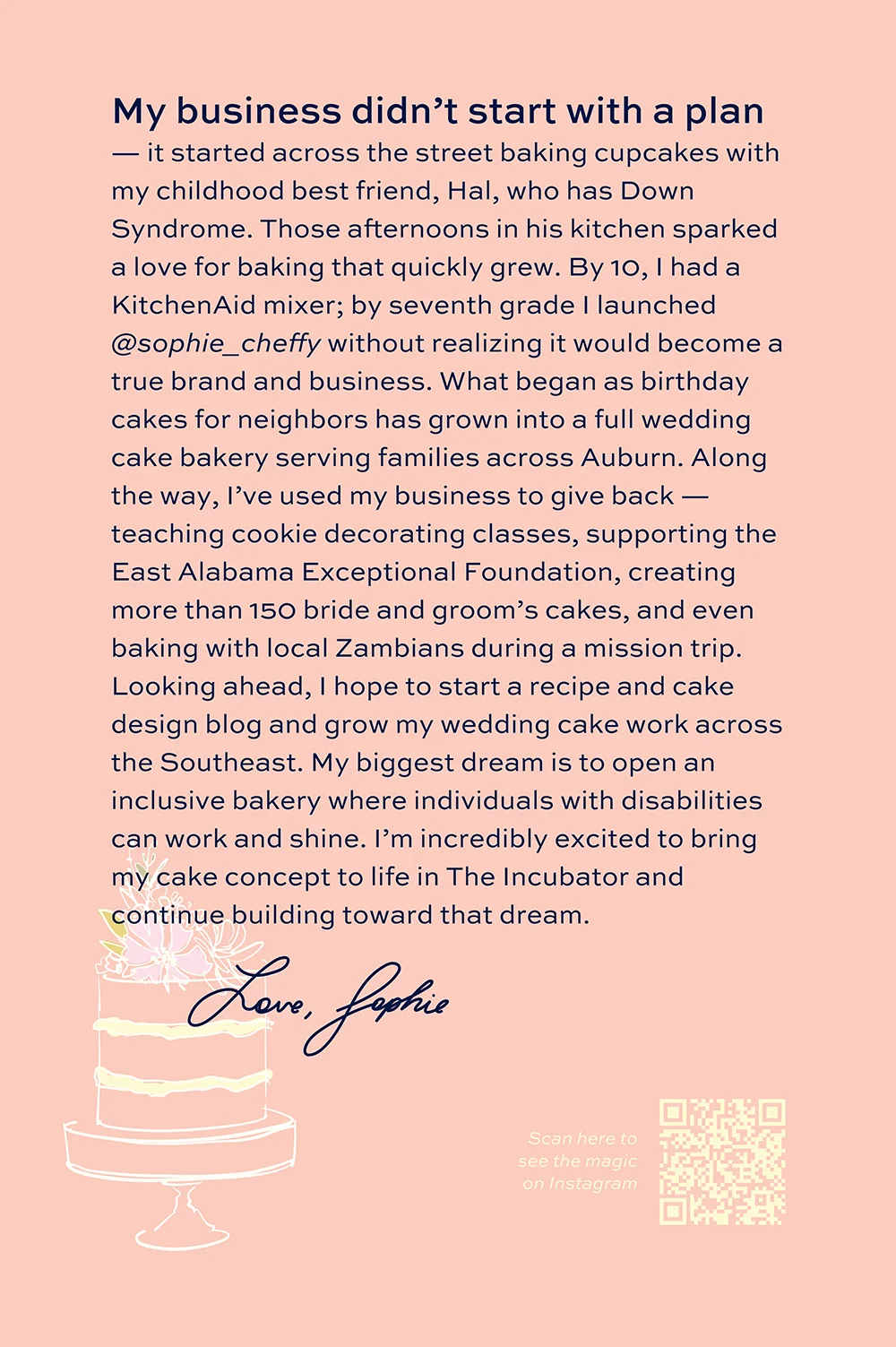 A pink graphic titled “My business didn’t start with a plan,” detailing Sophie’s journey from baking with a friend to opening a wedding cake business and supporting those with disabilities.
