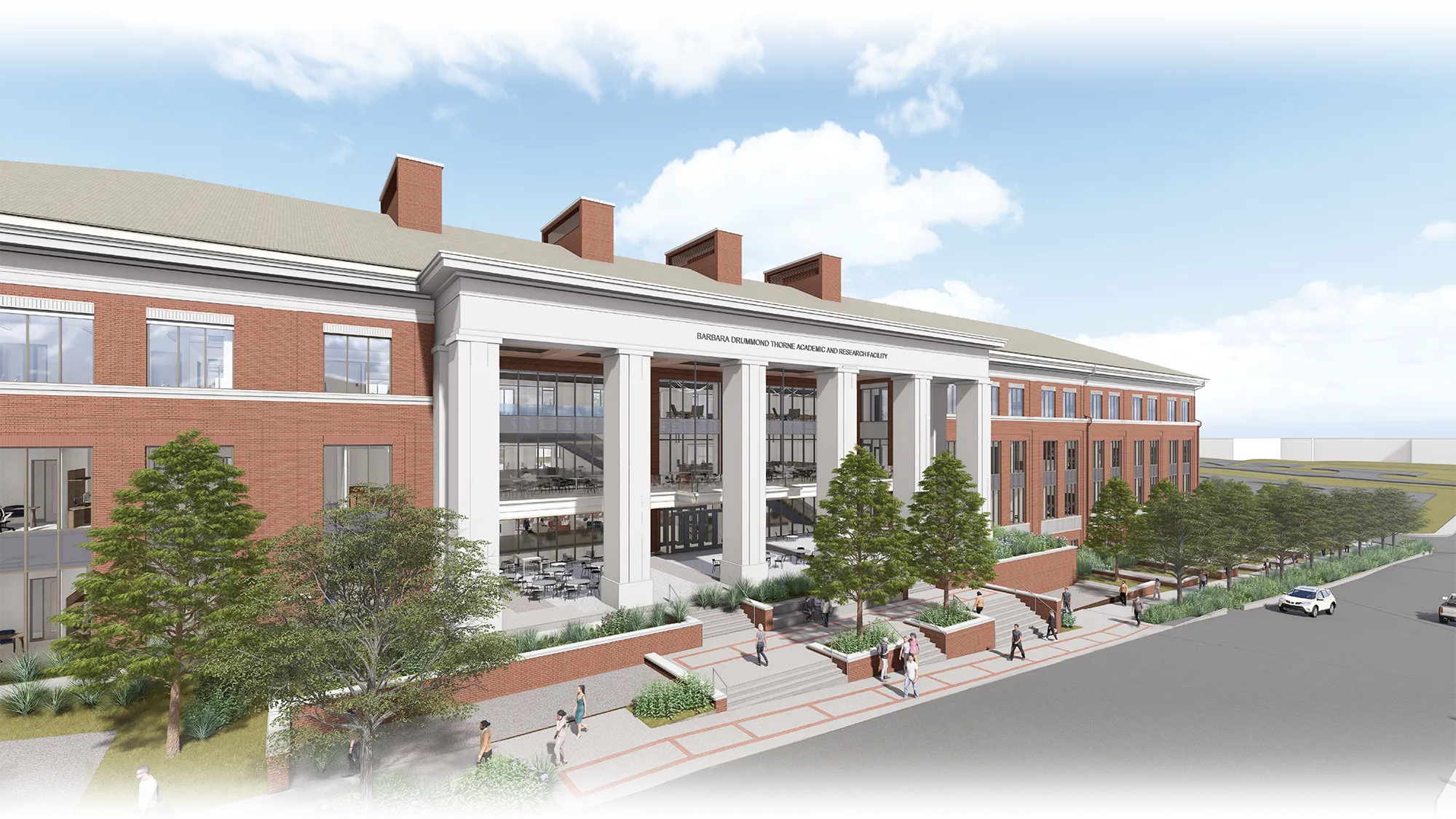 Architectural rendering of the Barbara Drummond Thorne Academic and Research Facility with a brick facade, columned entrance, landscaped walkways, and people outside.